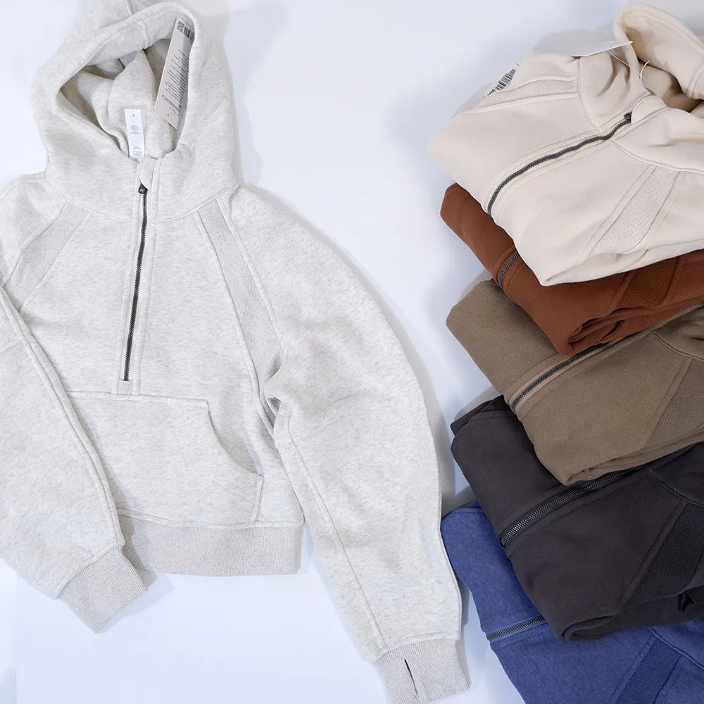Oversized Scuba Half-Zip Hoodie Waist Length Jackets Sweatshirts Soft Thumbholes Leisure Yoga Coat for Winter - QWIEL®