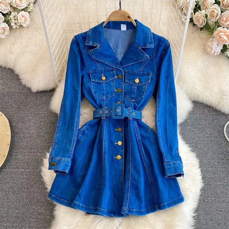 2023 Spring Autumn Retro High Quality Long Sleeve Suit Collar Double Breasted Slim A Line Denim Dress Women Shirt Jacket T1485