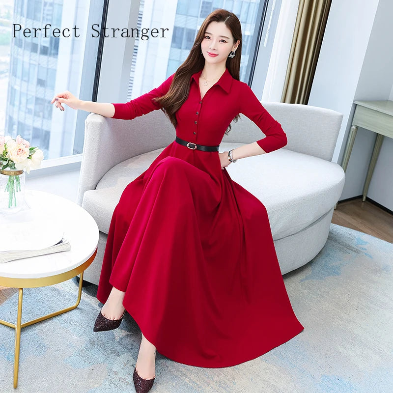 2022 Autumn New Arrival High Quality Turn-down Collar Solid Color M-4XL Long Sleeve Women Long Dress With Belt