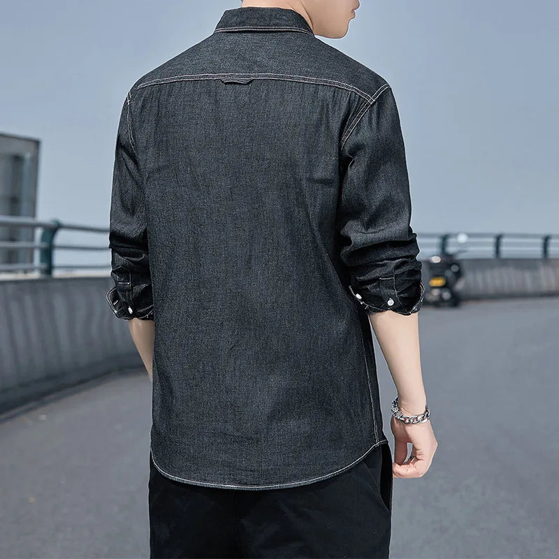 2023 Spring New Men'S Casual Fashion Denim Long Sleeve Shirt Blue Lapel Double Pocket Loose Top Pure Cotton Denim Shirt Jacket