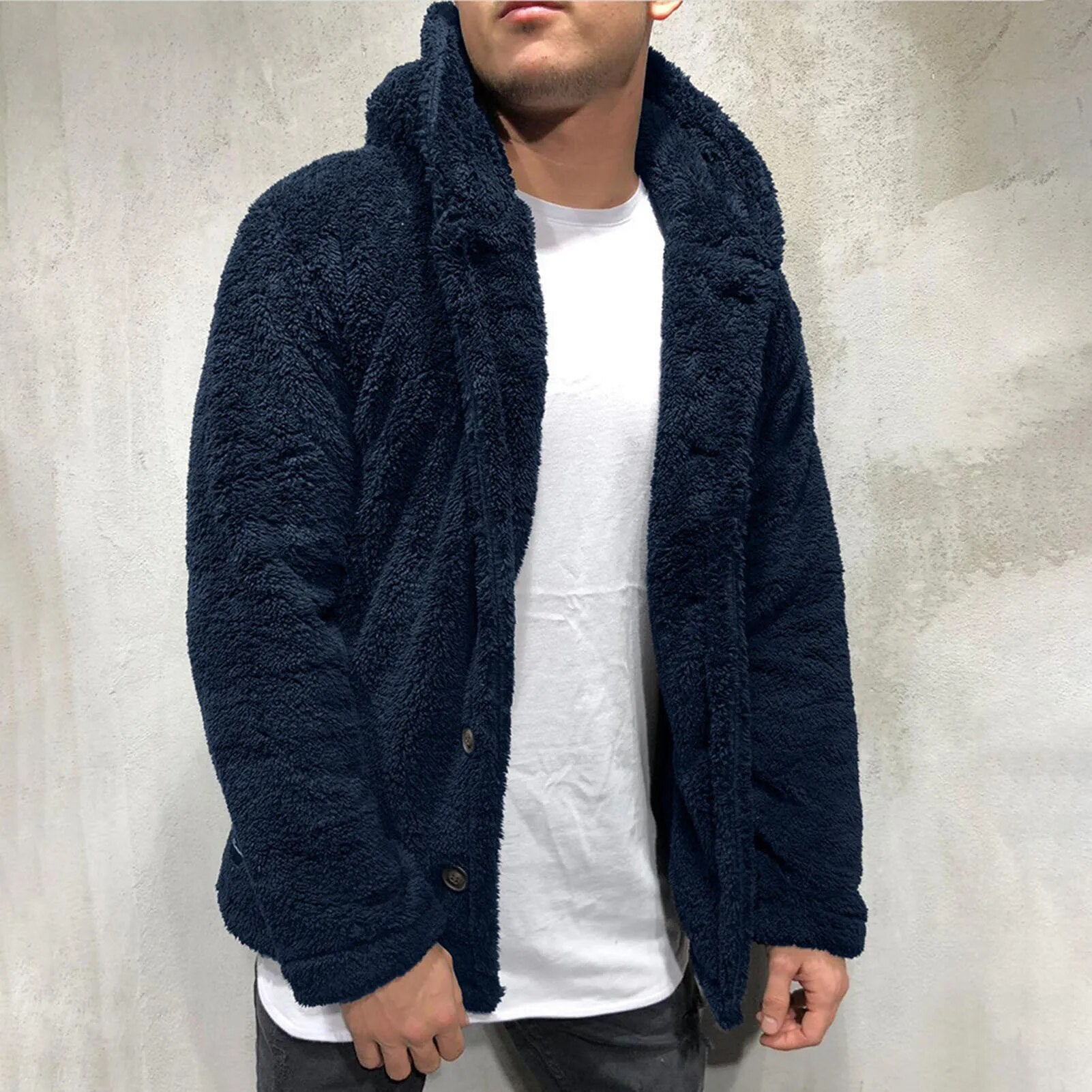 Winter Men Fluffy Fleece Thick Warm Coat Jacket Long Sleeve Hooded Coat Plush Buttons Closure Thicken Warm Men Coat Outerwear