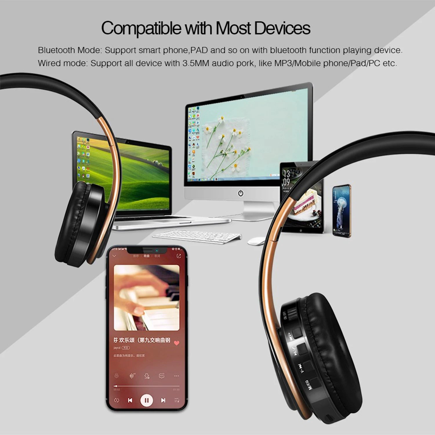2023 Upgrading Wireless Bluetooth Headphones Stereo Headset Music Sports Overhead Earphone with Mic for Smart Phone TV PC Tablet