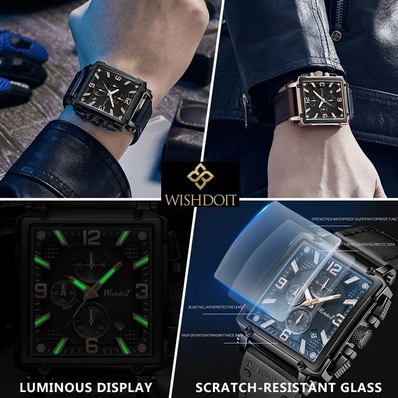 WISHDOIT Original Watch for Men's Waterproof Stainless Steel Leather Strap Quartz Fashion Sports Chronograph Square Wristwatches