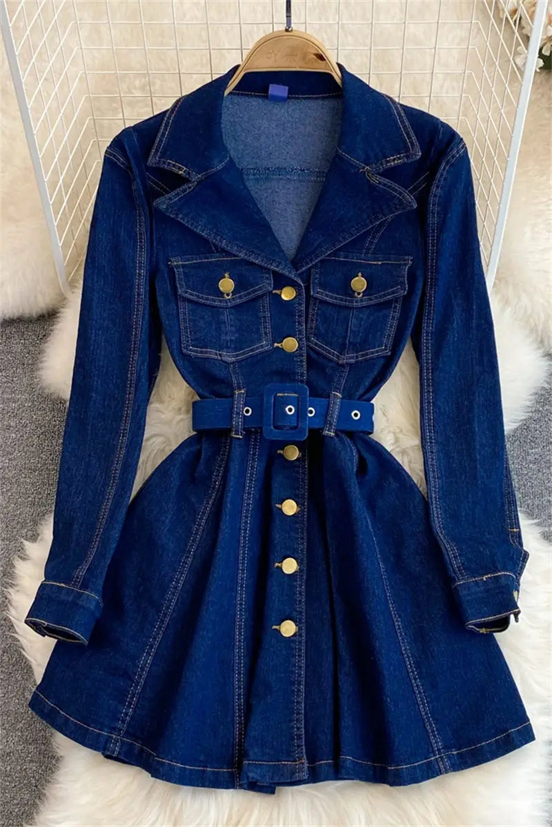 2023 Spring Autumn Retro High Quality Long Sleeve Suit Collar Double Breasted Slim A Line Denim Dress Women Shirt Jacket T1485