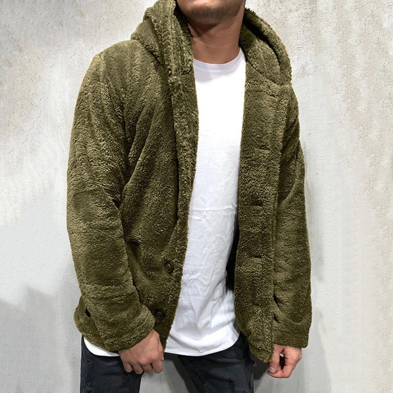 Winter Men Fluffy Fleece Thick Warm Coat Jacket Long Sleeve Hooded Coat Plush Buttons Closure Thicken Warm Men Coat Outerwear