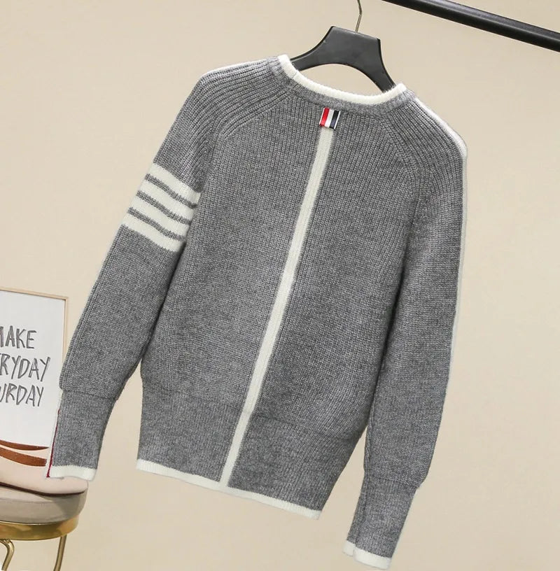 2023 Spring Men Cardigan Striped Knitted Pullover O-Neck Top Thicken Korean Design Men Sweater Top Long Sleeve