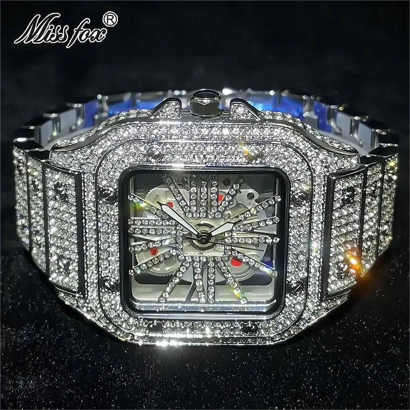 2023 MISSFOX Iced Out Mens Watches Luxury Brand Waterproof Fashion Quartz Wristwatch Hip Hop Diamond Skeleton AAA Clocks Reloj