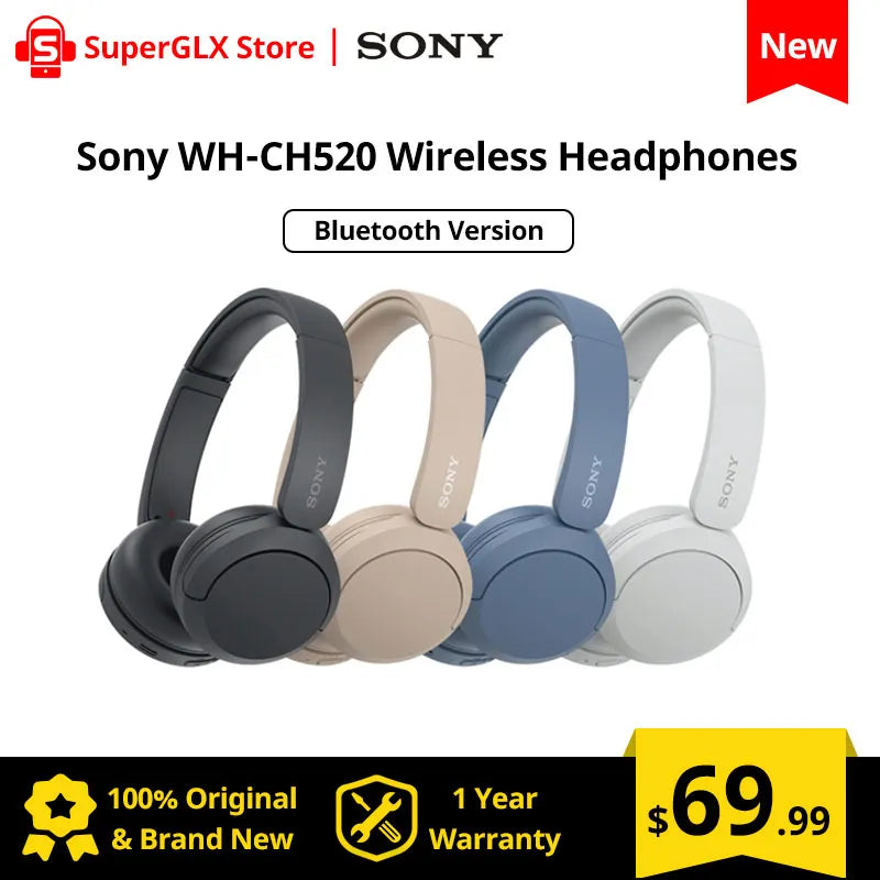 2023 Original Sony WH-CH520 Wireless Headphones Bluetooth On-Ear Headset with Microphone up to 50 Hours Battery Life