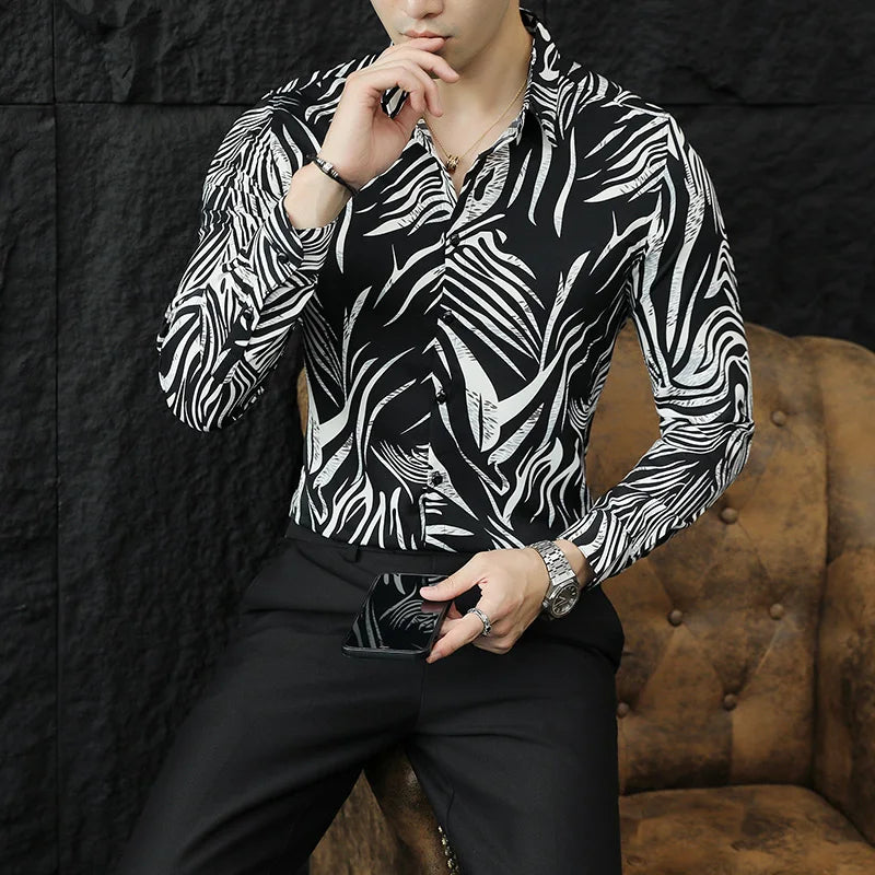 2023 Autumn Long Sleeved Shirts Men Fashion Slim Fit Printed Casual Shirts Business Social Office Dress Shirt Men Clothing
