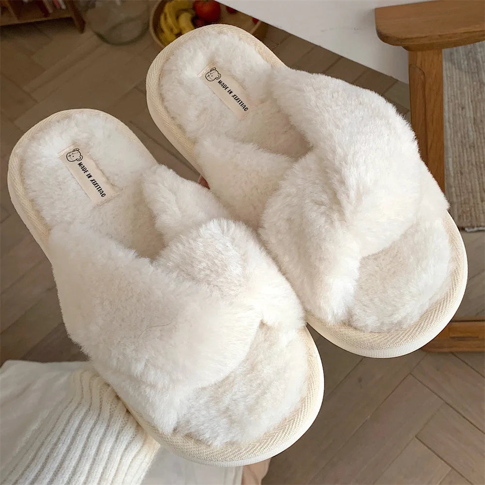 2022 New Fashion Cross Fluffy Fur Slippers Women Winter Home Fur Home Slippers Flat Indoor Floor Shoes Home Indoor Warm Slippers