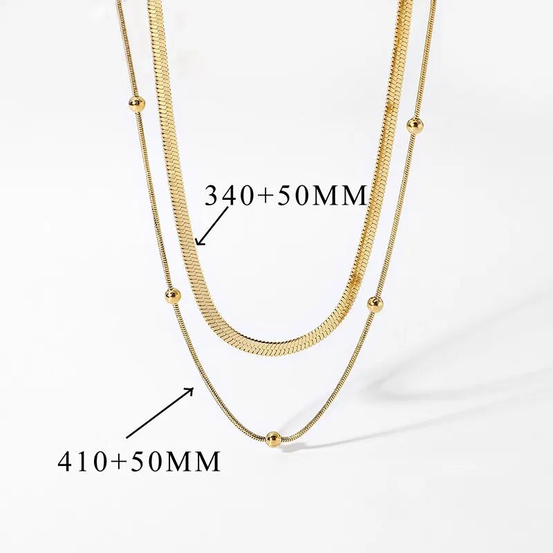 Women Luxury 14K Gold Plated Multi-layer Round Beads Necklace Daily Wearing Tarnish Proof Waterproof Stainless Steel Jewelry