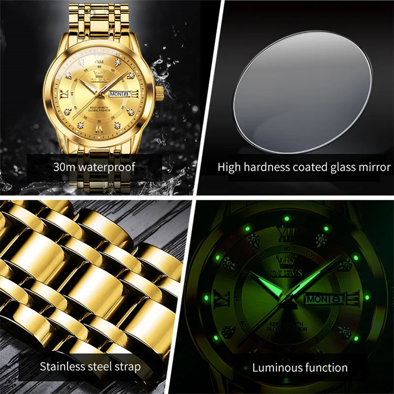 2023 New OLEVS High Quality Watch Men Sport Date Quartz Watches Gold Steel Business Watch Male Clock Relogios Masculinos