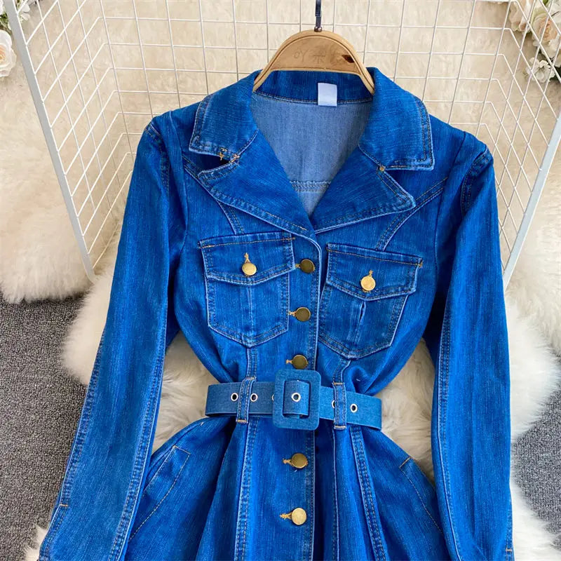 2023 Spring Autumn Retro High Quality Long Sleeve Suit Collar Double Breasted Slim A Line Denim Dress Women Shirt Jacket T1485