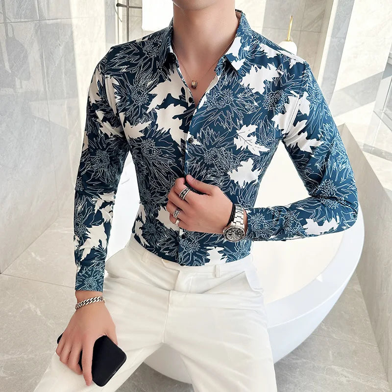 2023 Autumn Winter Flower Shirts Men Long Sleeve Slim Fit Casual Shirts Fashion Social Party Streetwear Men Clothing M-6XL