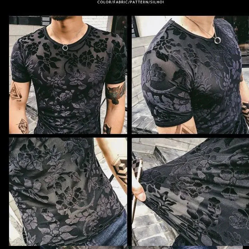 2023 Summer New Velour Clothes Men's Hollow Out Breathable Tops Round Neck Slim Jacquard Weave T-shirt