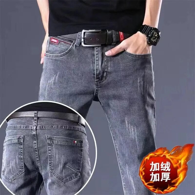 2023 Autumn and Winter New Classic Fashion Trend Plus Fleece Stretch Shorts Men's Casual Comfort Warm High Quality Jeans 27-38