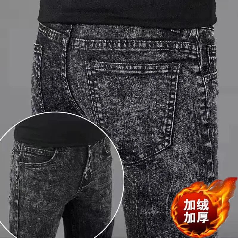 2023 Autumn and Winter New Classic Fashion Trend Plus Fleece Stretch Shorts Men's Casual Comfort Warm High Quality Jeans 27-38