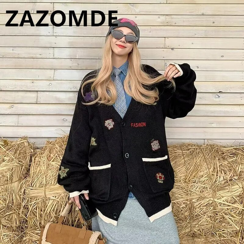 ZAZOMDE Autumn Winter Couple Cardigan Coat Warm Knitwear Sweater Jacket Pocket Embroidery Fashion V-Neck Loose Sweaters Coat Men