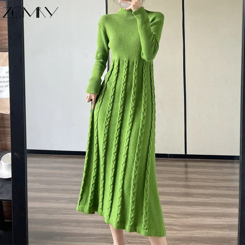 ZOMRY Women's Sweater Knitting Dress Autumn Winter 2023 New Regulai Fit A-line Solid Draped Casual Warm High Quality Clothing