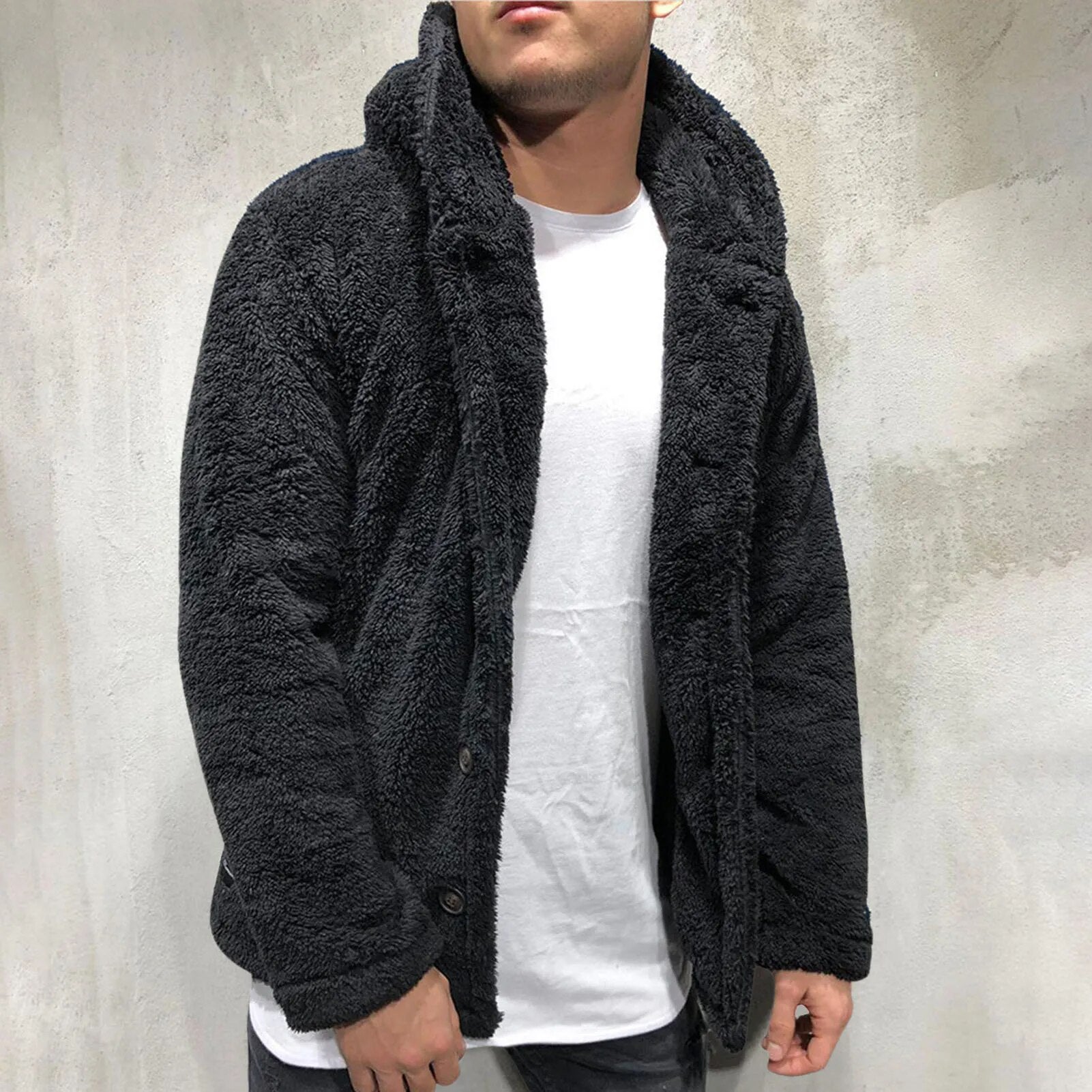 Winter Men Fluffy Fleece Thick Warm Coat Jacket Long Sleeve Hooded Coat Plush Buttons Closure Thicken Warm Men Coat Outerwear