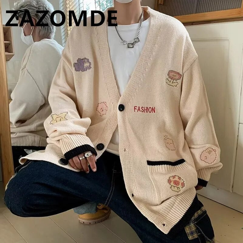 ZAZOMDE Autumn Winter Couple Cardigan Coat Warm Knitwear Sweater Jacket Pocket Embroidery Fashion V-Neck Loose Sweaters Coat Men