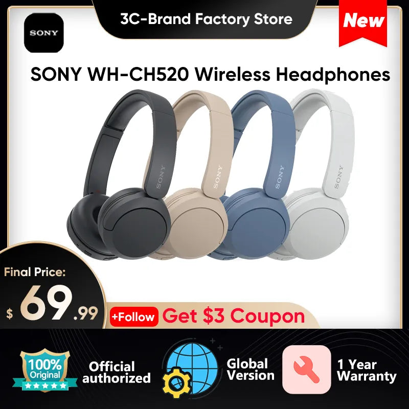 100% Original Sony WH-CH520 Wireless Bluetooth Headphones On-Ear Headset with Microphone Up to 50 Hours Battery Life 2023