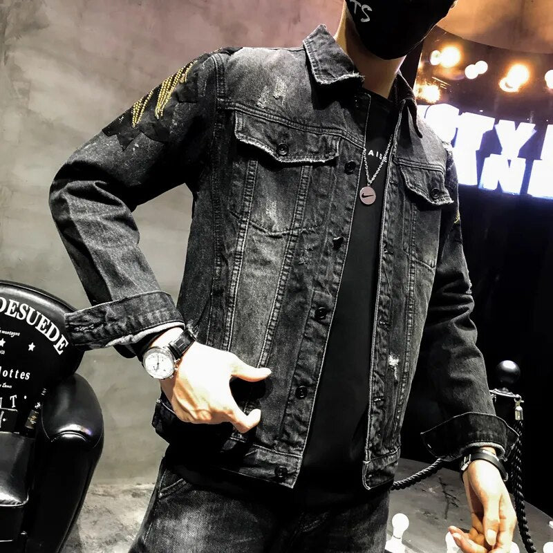 YASUGUOJI New 2022 Punk Style Fashion Eagle Embroidered Patch Jean Jacket Men Denim Jackets Streetwear Slim Black Jacket Men