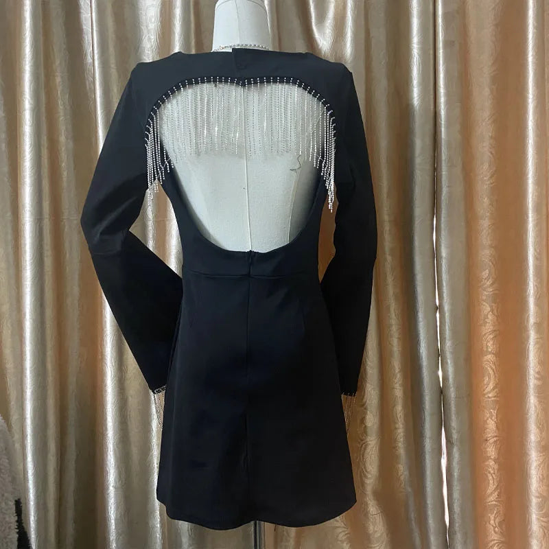 2023 autumn and winter square neck diamond chain tassel backless dress autumn high-quality trumpet sleeve bag hip skirt women's
