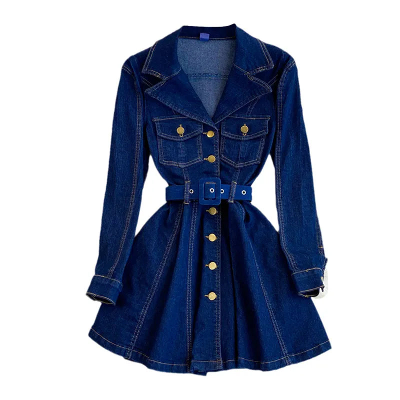 2023 Spring Autumn Retro High Quality Long Sleeve Suit Collar Double Breasted Slim A Line Denim Dress Women Shirt Jacket T1485