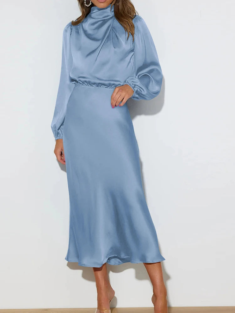 Women Party Long A-line Dress Fashion Autumn New High Quality Satin Long Sleeve Loose Fitting Dress Elegant Women Evening Dress