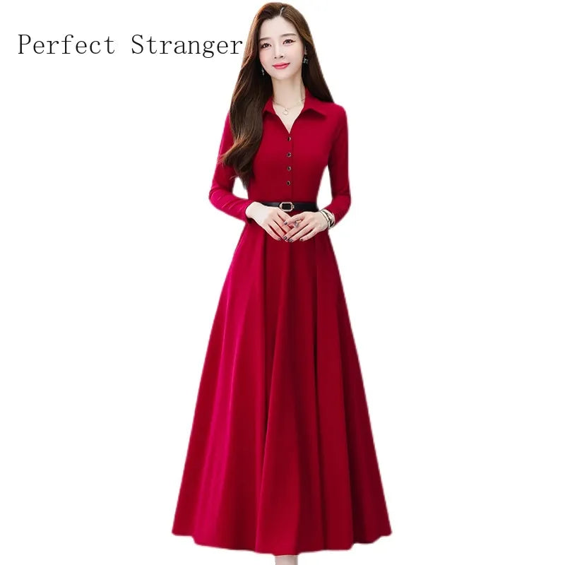 2022 Autumn New Arrival High Quality Turn-down Collar Solid Color M-4XL Long Sleeve Women Long Dress With Belt