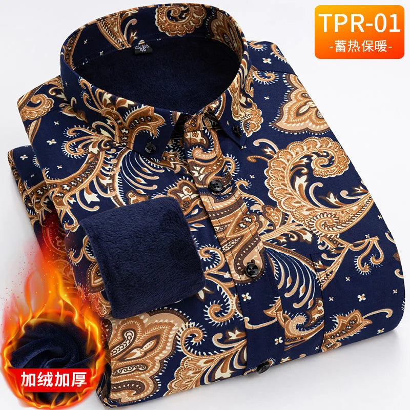 2023 Autumn and Winter New Men's Classic Fashion Printed Long-Sleeved Shirt Men's Plus Fleece Thickened Warm High-Quality Shirt