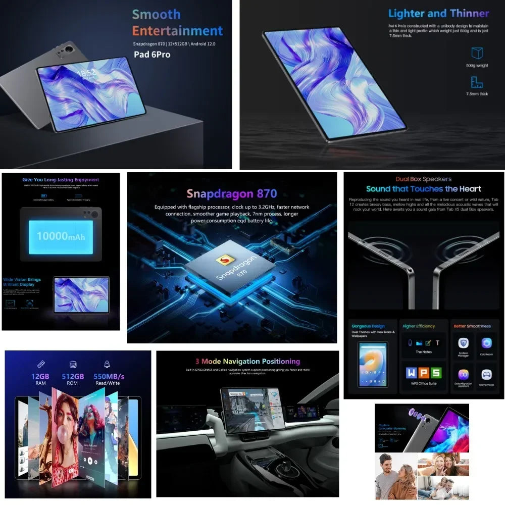 2023 Original Global Version Pad 6 Pro Tablet Android 12 Snapdragon 870 12GB+512GB Tablets PC 5G Dual SIM Card WIFI HD 4K Mi Tab