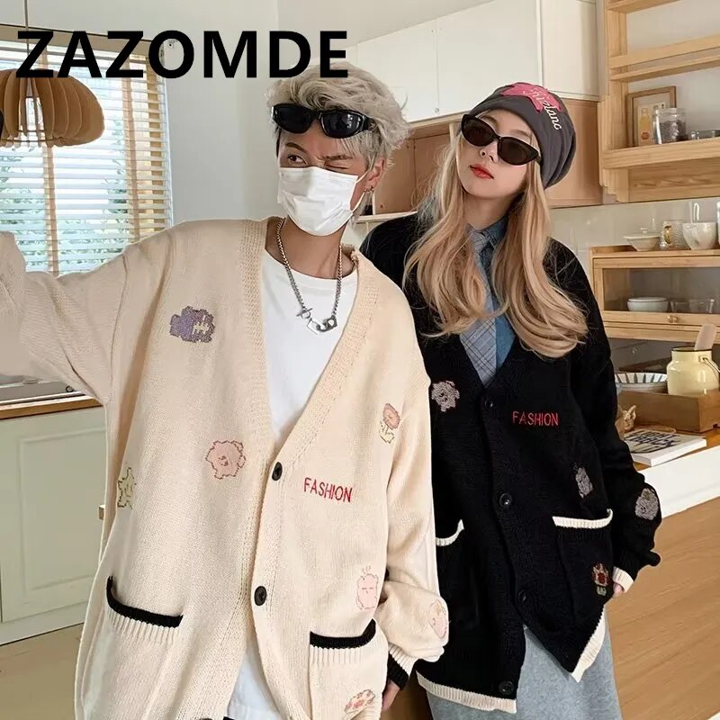 ZAZOMDE Autumn Winter Couple Cardigan Coat Warm Knitwear Sweater Jacket Pocket Embroidery Fashion V-Neck Loose Sweaters Coat Men