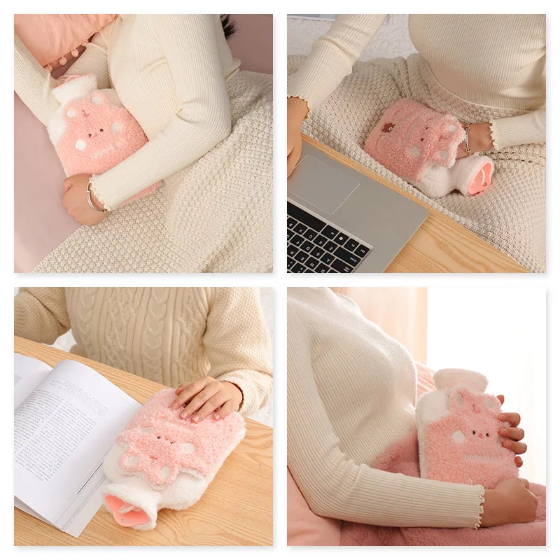 1000ML Reusable Winter Hand Warmer Heat PVC Stress Pain Relief Therapy Hot Water Bottle Bag With Knitted Soft Rabbit Cozy Cover