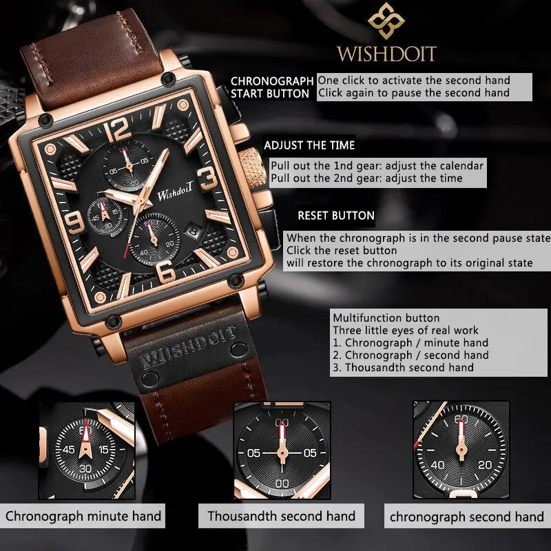 WISHDOIT Original Watch for Men's Waterproof Stainless Steel Leather Strap Quartz Fashion Sports Chronograph Square Wristwatches