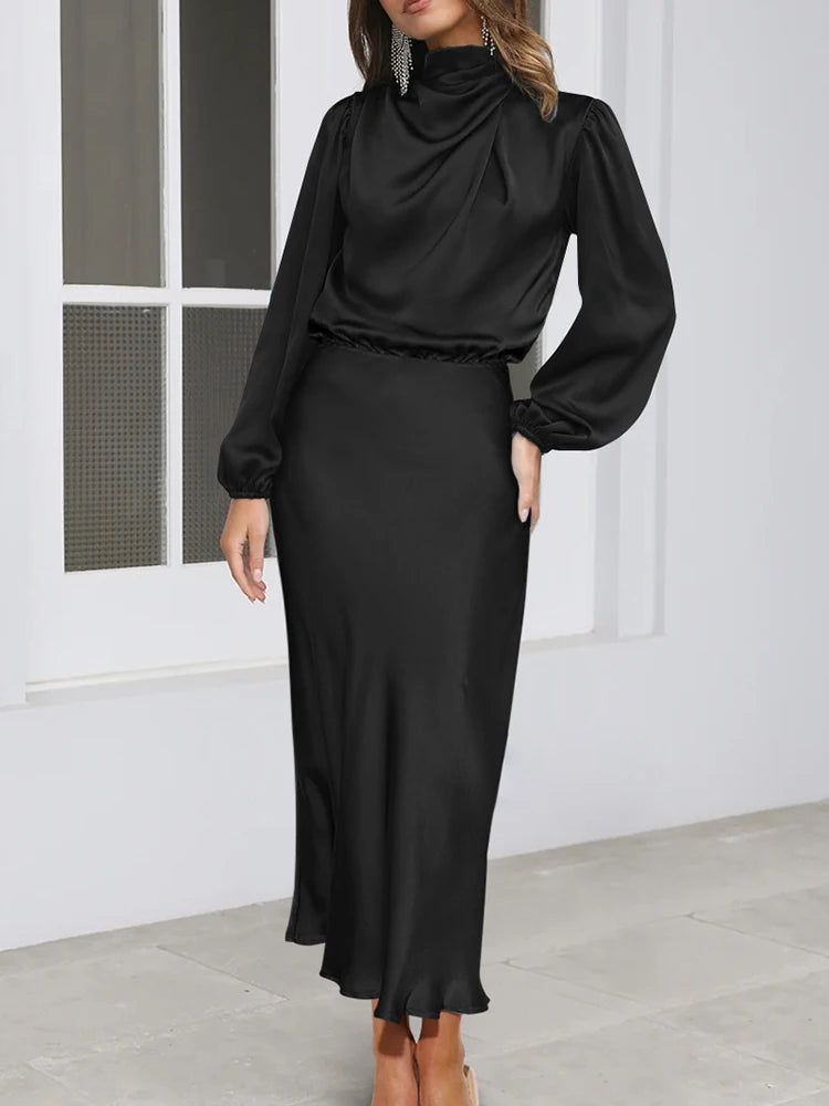 Women Party Long A-line Dress Fashion Autumn New High Quality Satin Long Sleeve Loose Fitting Dress Elegant Women Evening Dress