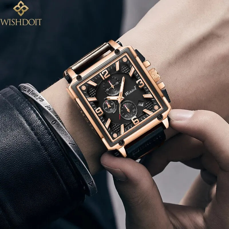 WISHDOIT Original Watch for Men's Waterproof Stainless Steel Leather Strap Quartz Fashion Sports Chronograph Square Wristwatches