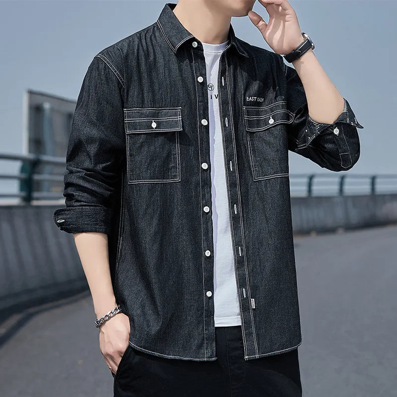 2023 Spring New Men'S Casual Fashion Denim Long Sleeve Shirt Blue Lapel Double Pocket Loose Top Pure Cotton Denim Shirt Jacket