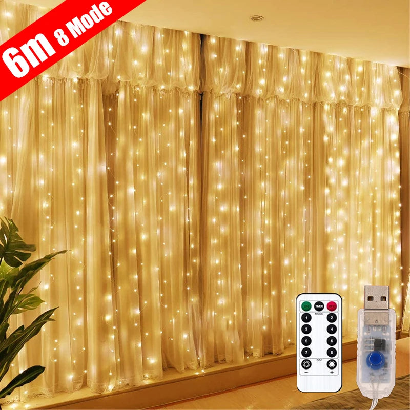 3M LED Curtain Garland on The Window USB String Lights Fairy Festoon Remote Control Christmas Wedding Decorations for Home Room