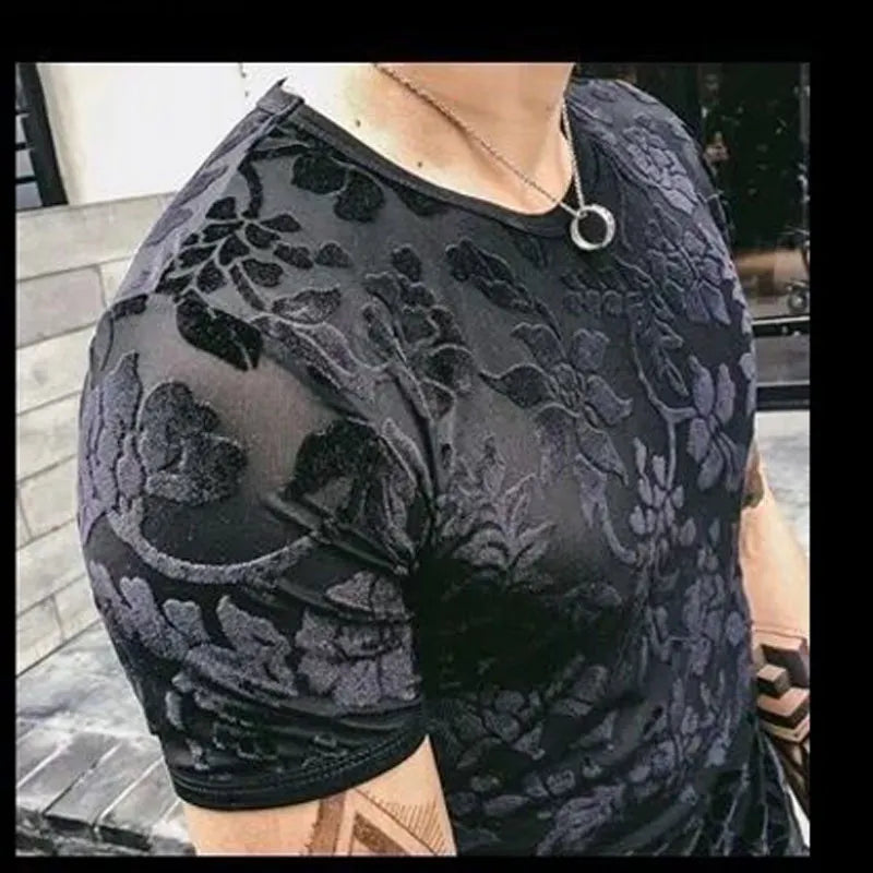 2023 Summer New Velour Clothes Men's Hollow Out Breathable Tops Round Neck Slim Jacquard Weave T-shirt