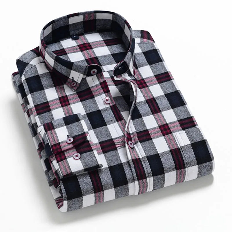 2023 Pure Cotton Classical Men's Plaid Casual Warm Shirts Full Sleeve Brushed Fabric Soft Comfortable Regular Fit Male Shirts