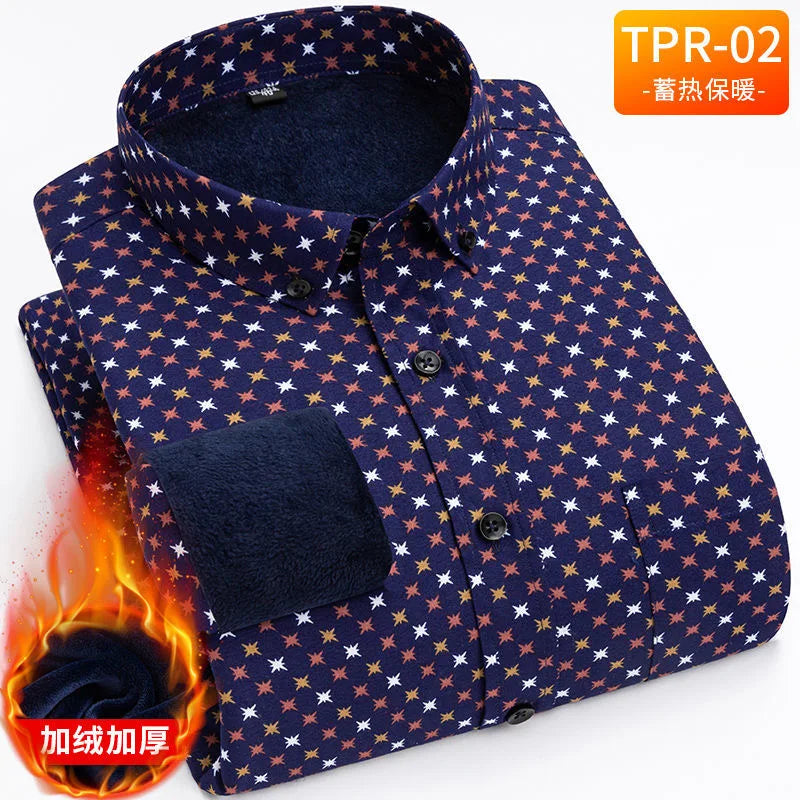 2023 Autumn and Winter New Men's Classic Fashion Printed Long-Sleeved Shirt Men's Plus Fleece Thickened Warm High-Quality Shirt