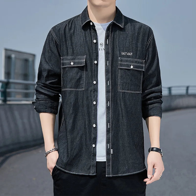 2023 Spring New Men'S Casual Fashion Denim Long Sleeve Shirt Blue Lapel Double Pocket Loose Top Pure Cotton Denim Shirt Jacket