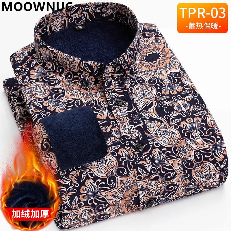 2023 Autumn and Winter New Men's Classic Fashion Printed Long-Sleeved Shirt Men's Plus Fleece Thickened Warm High-Quality Shirt