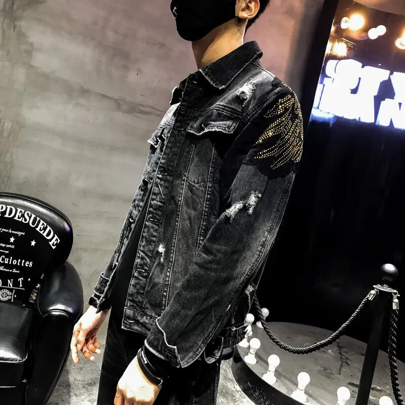 YASUGUOJI New 2022 Punk Style Fashion Eagle Embroidered Patch Jean Jacket Men Denim Jackets Streetwear Slim Black Jacket Men