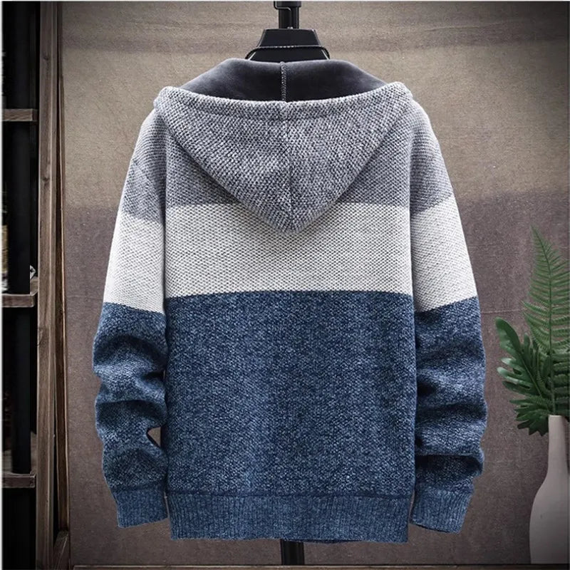 2023 Autumn Winter Fleece Hooded Sweatercoat Striped Knitted Cardigan Men Warm Casual Sweater Jackets Thick Knit Windbreaker Man