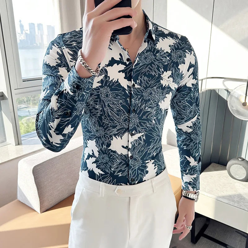2023 Autumn Winter Flower Shirts Men Long Sleeve Slim Fit Casual Shirts Fashion Social Party Streetwear Men Clothing M-6XL