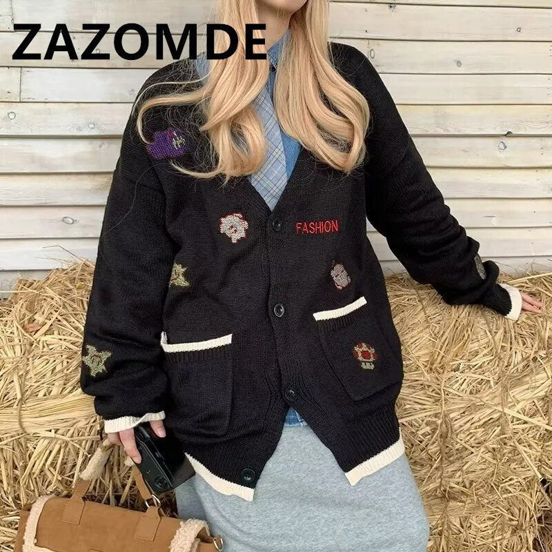 ZAZOMDE Autumn Winter Couple Cardigan Coat Warm Knitwear Sweater Jacket Pocket Embroidery Fashion V-Neck Loose Sweaters Coat Men