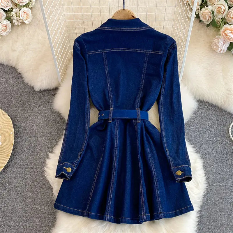 2023 Spring Autumn Retro High Quality Long Sleeve Suit Collar Double Breasted Slim A Line Denim Dress Women Shirt Jacket T1485